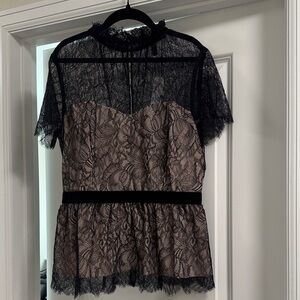 White House Black Market Black Lace Overlay Peplum Top with Velvet Details